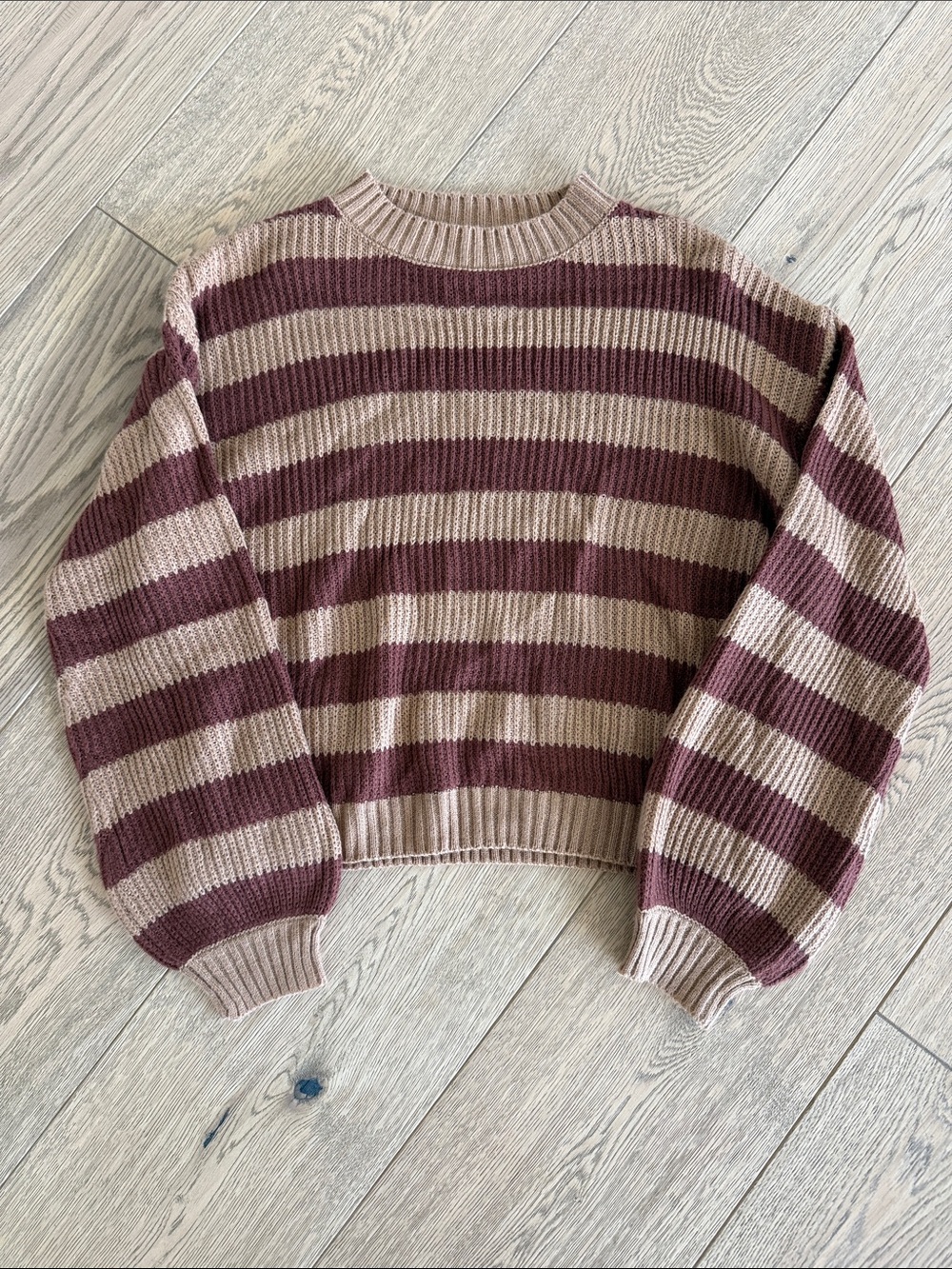 SHEIN Brown and Beige Striped Ribbed Crewneck Sweater